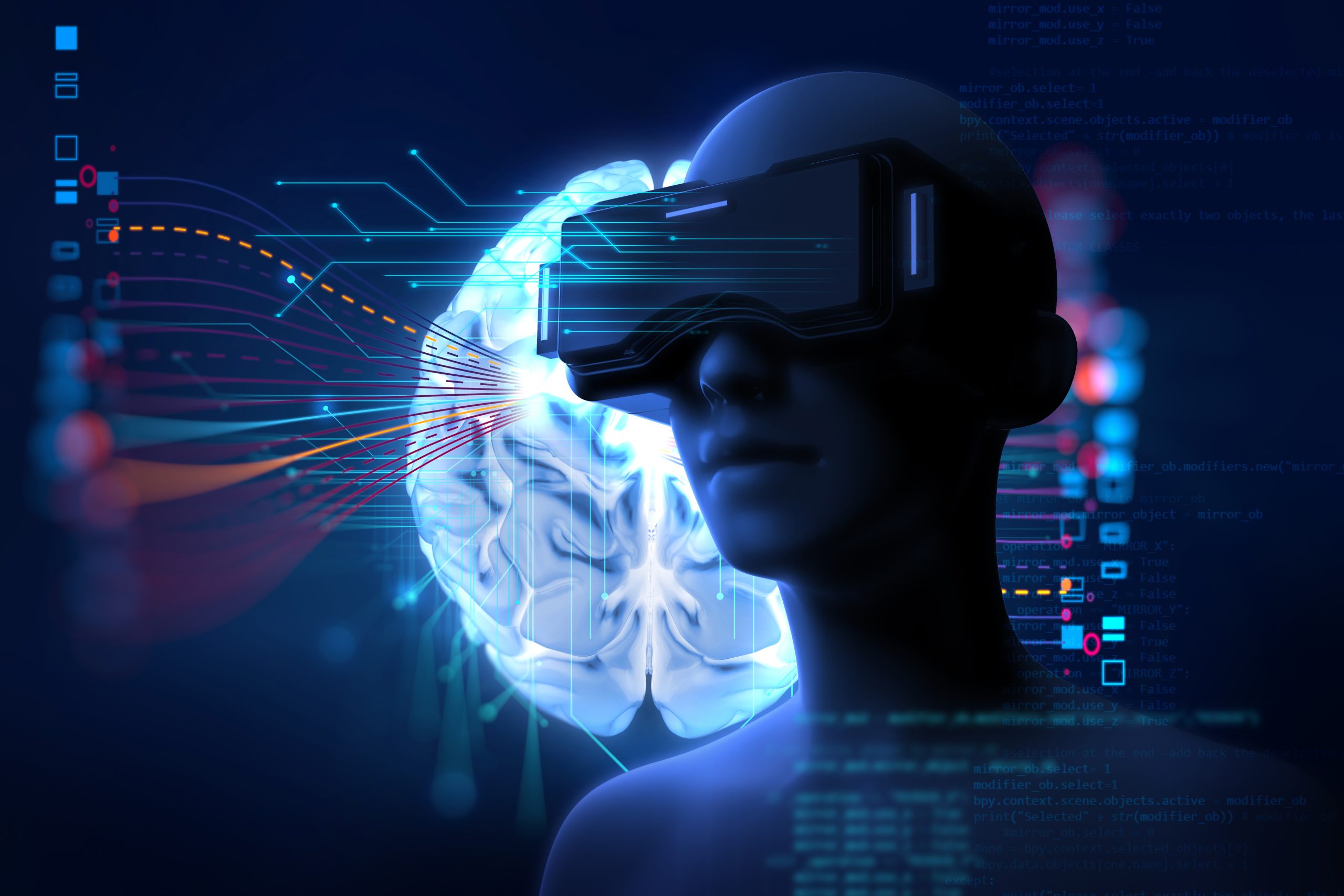 3d rendering of virtual human in VR headset on futuristic technology and programming languages background represent virtual reality technology .