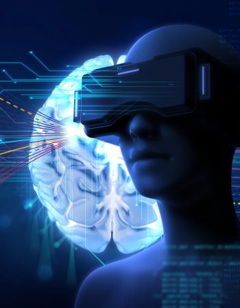 3d rendering of virtual human in VR headset on futuristic technology and programming languages background represent virtual reality technology .